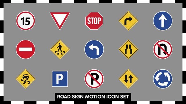 15 Road Traffic Signs and Transportation Icons, Modern Motion Graphic Symbol Collection