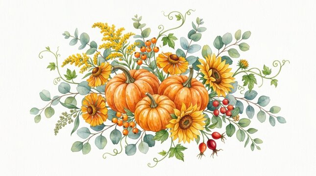 Autumn harvest arrangement with pumpkins, sunflowers, and eucalyptus isolated on white background