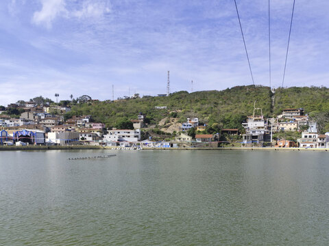 City, Triunfo Brazil, lake with city, mountain, and cable car lines, high resolution