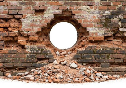 Old Brick Wall With Circular Opening And Fallen Debris Isolated For Construction