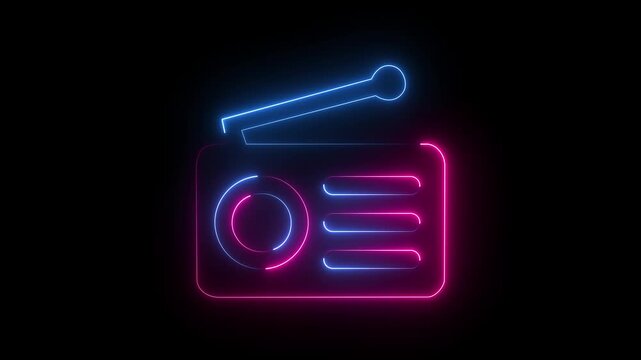 Glowing pink blue neon radio icon vintage audio broadcast receiver symbol dark background.