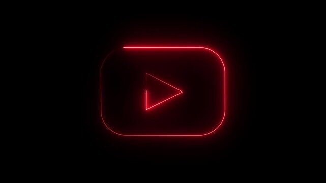 Glowing red neon play button icon video player screen multimedia symbol dark background.