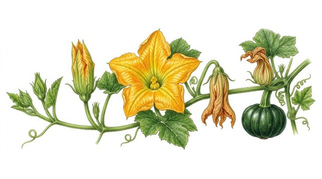 Botanical illustration of a pumpkin vine with yellow flowers, green leaves, and a small ripening pumpkin isolated on white background