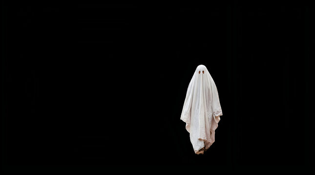 Spooky Halloween Ghost Costume. White Sheet Monster with Eyes. Flying Spirit Apparition for Scary Holiday Projects and Design. isolated PNG with Transparent Background