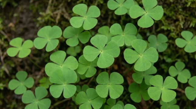 Many green four leaf clovers growing on earth background symbol of good luck charm.