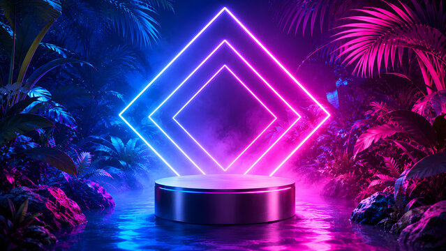 Neon pink and blue geometric diamond installation in a tropical setting, creating a futuristic stage for technology, entertainment, branding and events