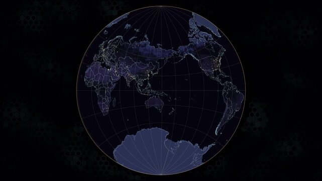 Van Der Grinten 2 world map projection. Earth rotates eastward, glowing city lights across night continents. Amber graticule, cyan borders, animated hexagon background. Seamless loop. 4K resolution.