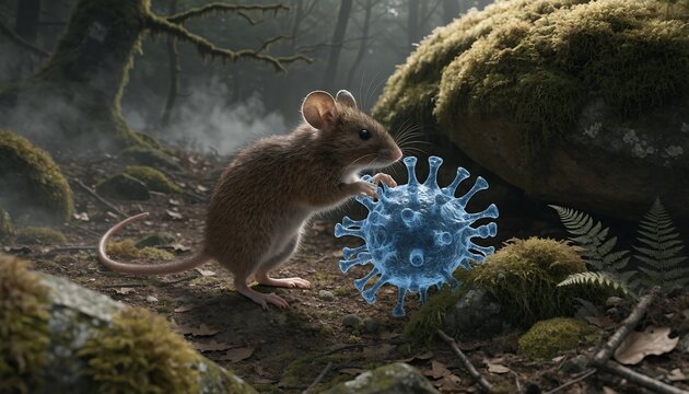 Small rodent interacting with large virus particle in forest setting