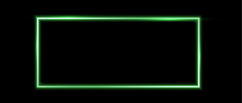 Glowing green neon rectangle frame on black background panorama