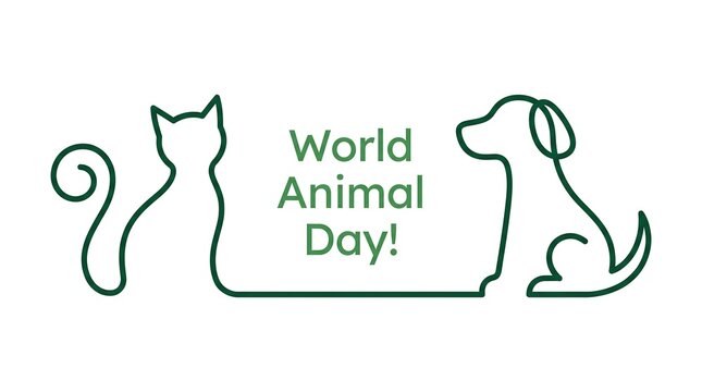 Minimalist World Animal Day graphic, continuous line art cat and dog silhouettes, green pet welfare concept on white background