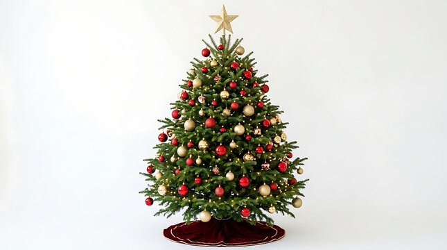 Beautiful decorated christmas tree with red and gold ornaments and a star topper isolated on white background