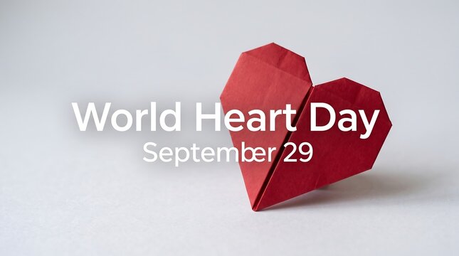 World Heart Day September 29 banner, red origami paper heart on white background, medical awareness and cardiovascular health concept