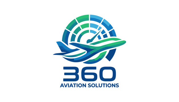 Aviation solutions corporate logo design featuring flying airplane silhouette speed gauge dial and blue green colors.
