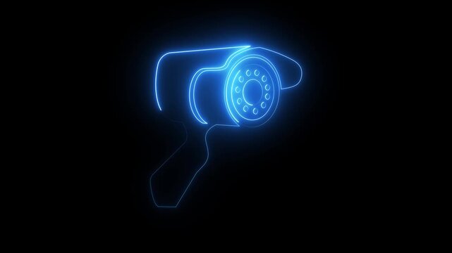 Glowing blue neon cctv camera icon surveillance security video symbol dark background.
