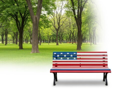American Flag Park Bench In Green Public Garden With Trees And Grass