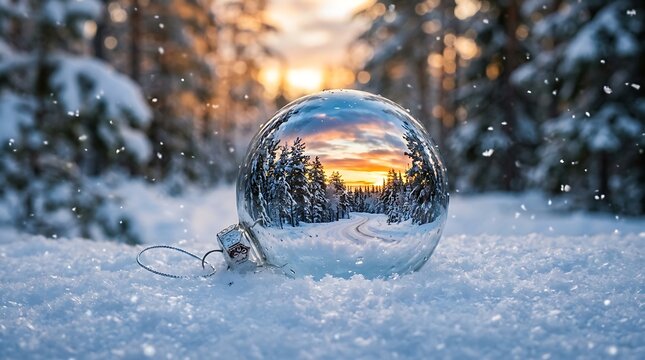 Christmas ornament in a snowy forest with a beautiful sunset reflected in the glass ball