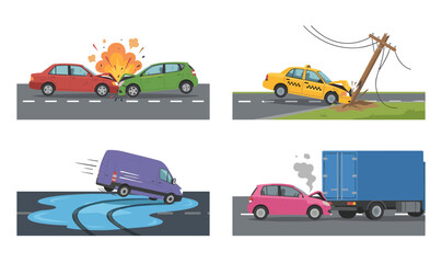 Naklejka premium Car Accident Vector Scene Set Featuring Head-On Collisions, Hydroplaning, and Roadside Utility Pole Crashes