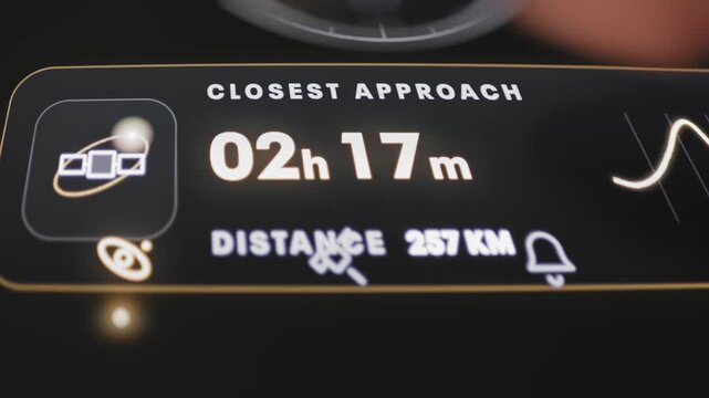 Interactive Closest approach warning shows 02h17m and 257 kilometers