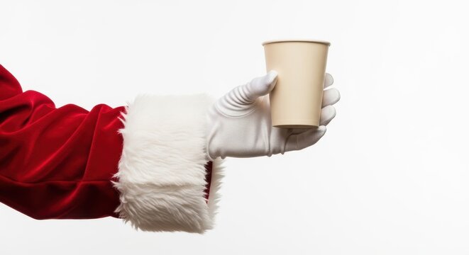 Santa Claus Hand Holding Disposable Coffee Cup For Christmas Holiday Concept