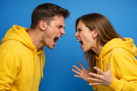 Young couple arguing and shouting at each other in matching yellow hoodies for conflict and communication background on relationship topics