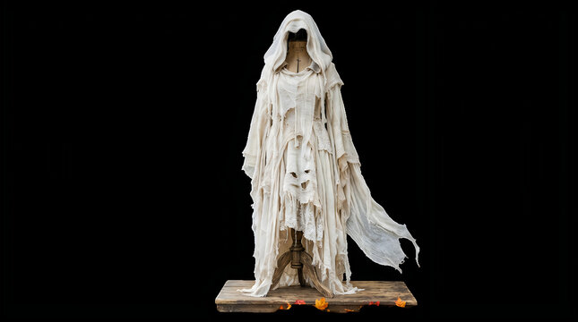 Creepy ghost figure made of tattered sheet fabric with hidden face on wooden board, scarified white sheet decoration for Halloween party props, horror spirit and haunted house concept isolated