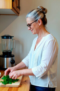 Vertical shot of middle aged Caucasian woman preparing fresh herbs in kitchen beside blender, supporting healthy home cooking concept. Ideal for nutrition, wellness, recipe content