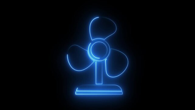 Glowing blue neon electric table fan icon air cooling blower symbol dark background.