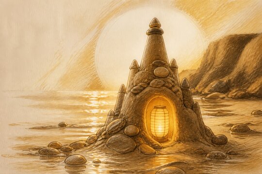 Lantern Sandcastle on a Quiet Beach at Sunset in warm light