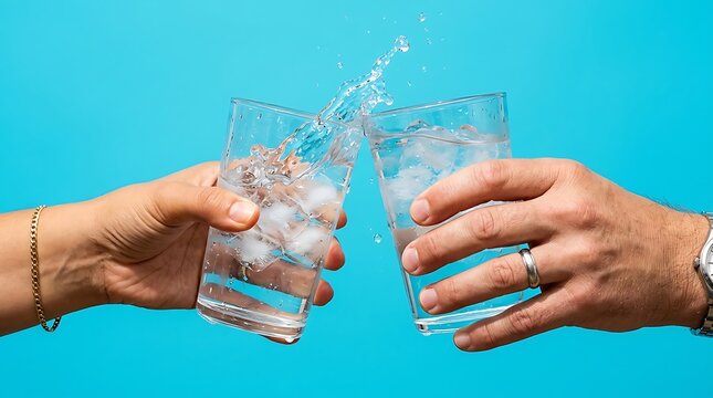 Two hands clinking glasses of water with ice cubes, creating a splash, isolated against a vibrant blue background, representing a toast or celebration