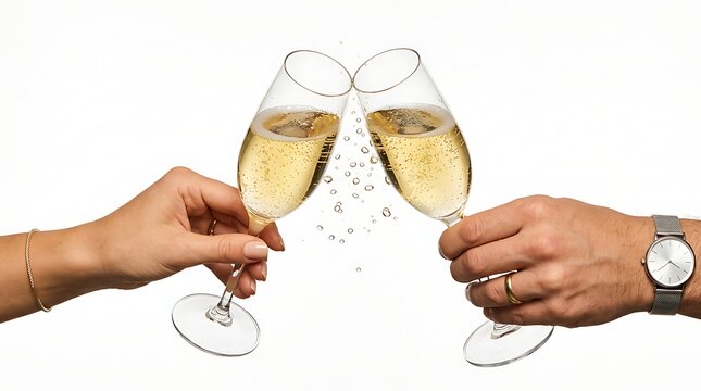 Closeup of a couple toasting with glasses of champagne isolated on white background
