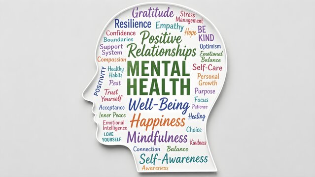Mental health typography silhouette filled with wellness concepts, representing emotional wellbeing, psychology, mindfulness, therapy, resilience and self care