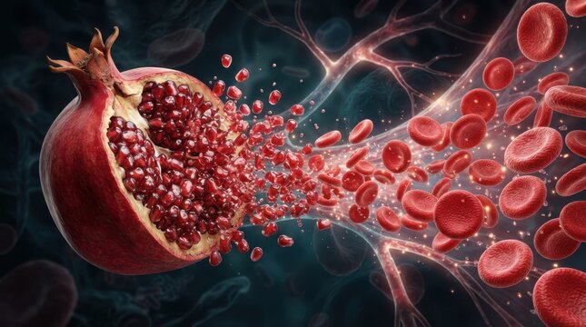 Pomegranate bursting into blood-red juice. Fresh fruit explosion with vibrant seeds and dynamic splash. Close-up of ripe pomegranate with juice spr...