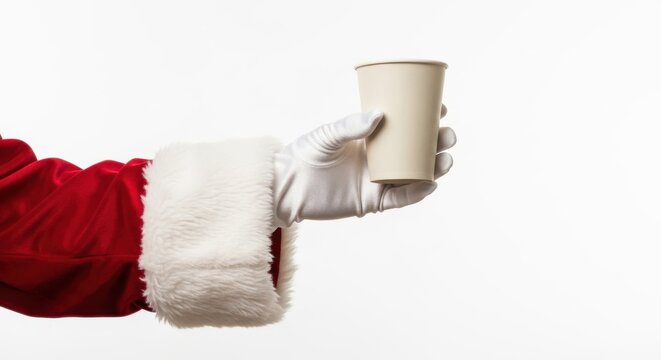 Santa Claus Hand Holding Coffee Cup For Christmas Holiday Beverage Concept
