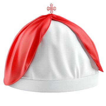 A 3D rendering of a white papal mitre with a red cape, topped with a cross