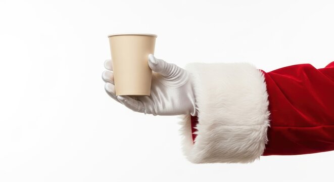 Santa Claus Hand Holding Disposable Coffee Cup For Christmas Holiday Concept