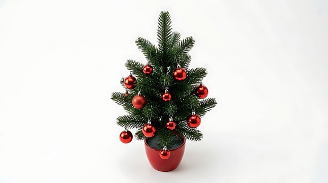 Small artificial christmas tree in a red pot decorated with shiny red baubles isolated on white background