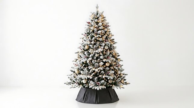 A beautifully decorated flocked christmas tree with warm lights, gold ornaments, and red berries, standing on a dark grey tree skirt, isolated on white background