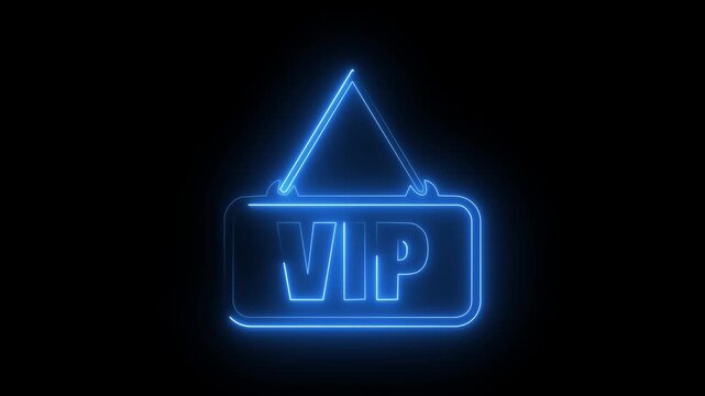 Glowing blue neon vip signboard icon hanging door plate symbol dark background.