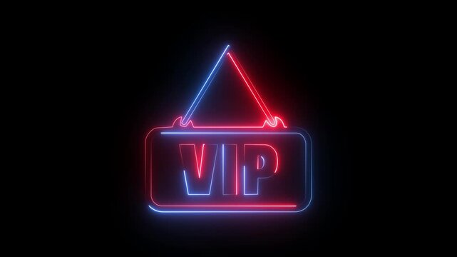 Glowing red blue neon vip signboard icon hanging door plate symbol dark background.