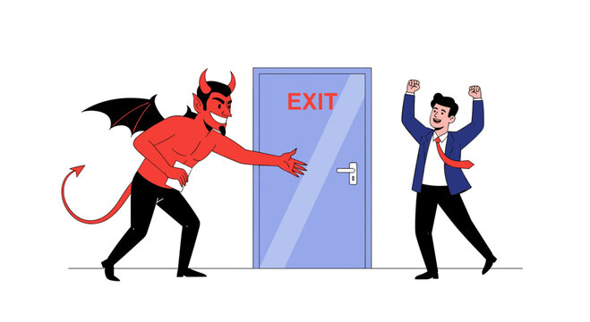 Red devil with wings and tail inviting a joyful businessman to an exit door representing temptation and risk.