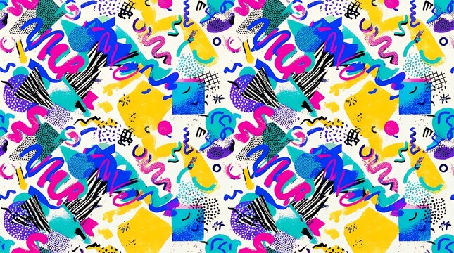 Vibrant retro eighties seamless pattern featuring colorful geometric shapes abstract squiggles and textured doodles in a chaotic collage style pattern seamless grunge abstract shapes doodles