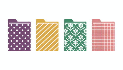 Fototapeta premium Four colorful patterned vertical folders featuring polka dots, stripes, floral, and grid motifs.