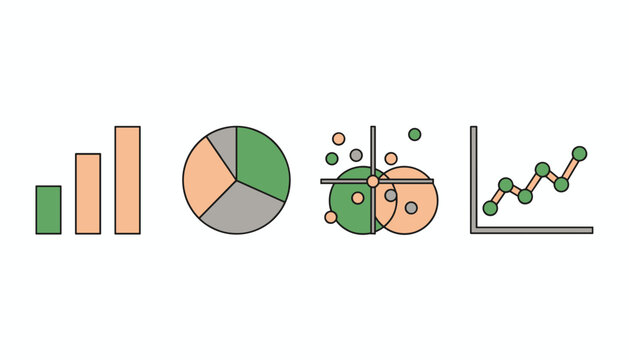 Four financial and data analytics charts including bar chart, pie chart, scatter plot, and line graph.