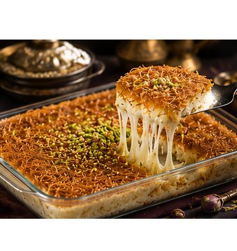 Warm golden kunafa with melted cheese and pistachios, showcasing a rich and indulgent texture.