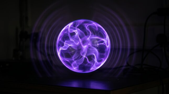 Luminous violet plasma ball floating in a dark environment with smooth fluid movements and radiating energy ripples neon energy sphere glowing purple background plasma light gradient fluid