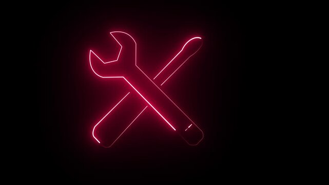 Neon wrench and screwdriver crossed on dark background
