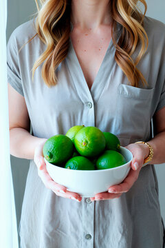 Vertical shot of Caucasian young adult woman holding bowl of fresh limes, presenting healthy food ingredient for home cooking and nutrition concept. Ideal for wellness, diet, grocery marketing