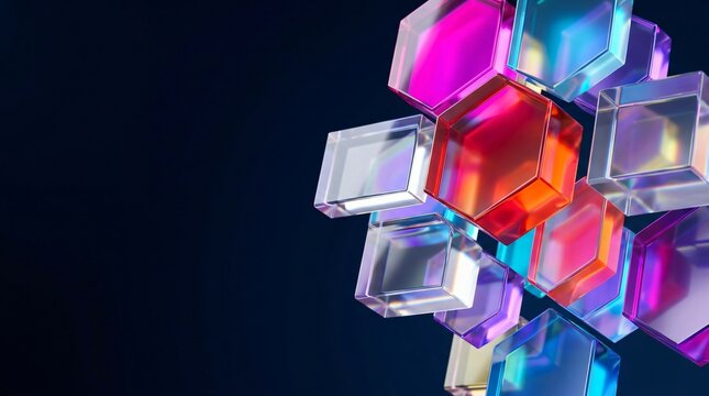 Abstract Dispersion Glass Shapes Composition with Copy Space, Neon Gradient Lighting, and Premium Futuristic Refraction Style