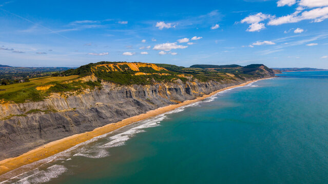 Aerial view of the dramatic cliffs and sandy beach of the Jurassic Coast under a bright blue sky in Lyme Regis, England, United Kingdom.