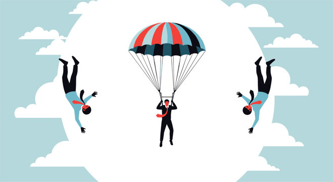 Smart businessman descending safely on a parachute while his competitors free fall to the ground next to him.